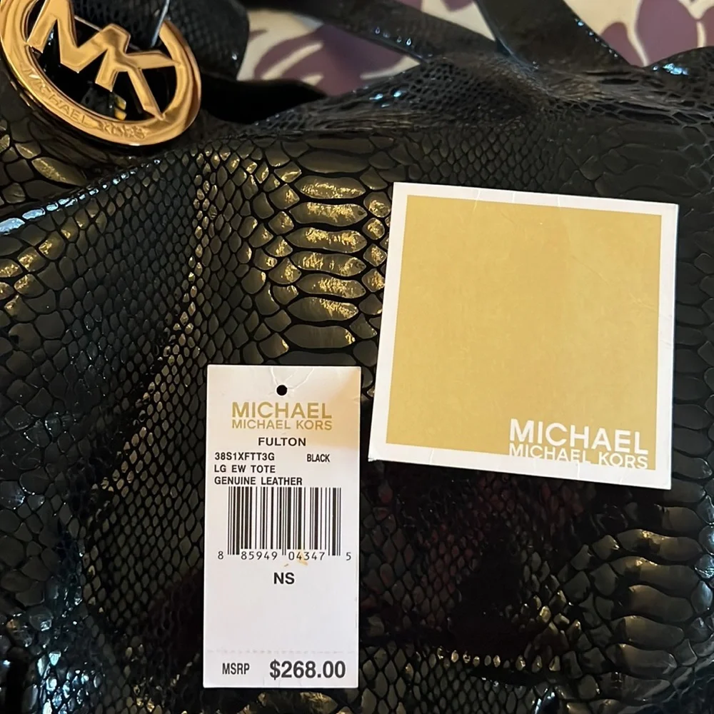 Michael Kors Fulton Black Snake skin Genuine Leather Tote Bag with Gold …